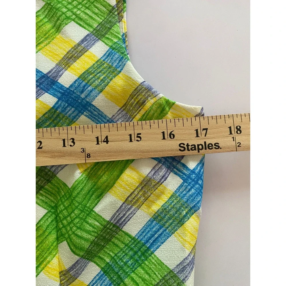 Vintage Mod Plaid Shift Dress Green Yellow‎ Blue Sleeveless Size 11